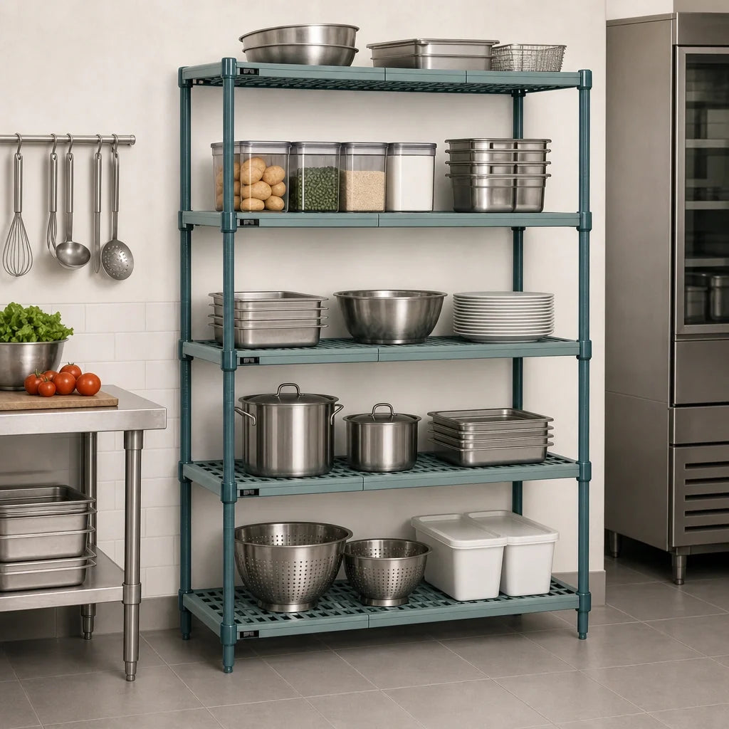 Quantum WR63-1454WPM-5 5-Tier Stationary Wire Plastic Mat Shelving Unit, 54"W x 14"D x 63"H, Green Epoxy Coated