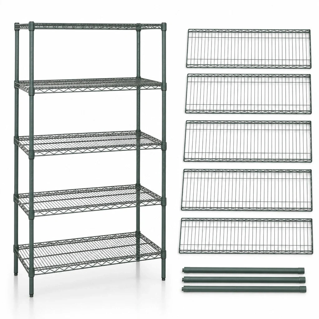Quantum WR86-2442P-5 Stationary Wire Shelving Starter Unit, 5 Shelves, Green Epoxy, 42"W x 24"D x 86"H
