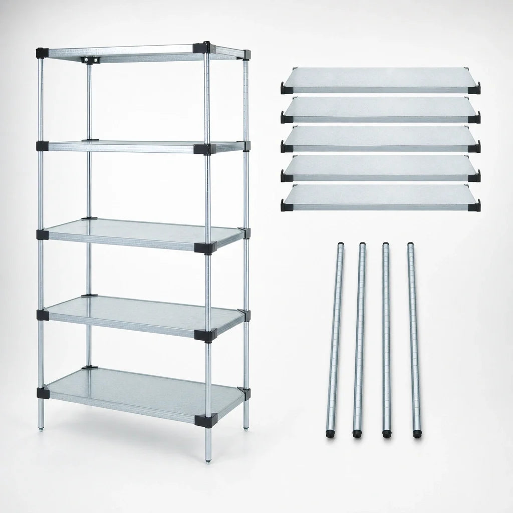 Quantum WR86-1824SG-5 Stationary Solid Shelving Starter Kit, 24"W x 18"D x 86"H, 5 Shelves, Galvanized Steel with Chrome Posts