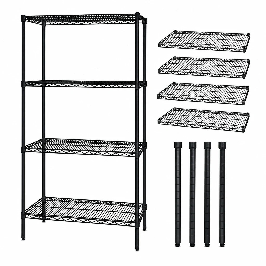 Quantum WR74-3636BK Stationary Wire Shelving Starter Kit, 36"W x 36"D x 74"H, 4 Shelves, 4 Posts, Black Epoxy