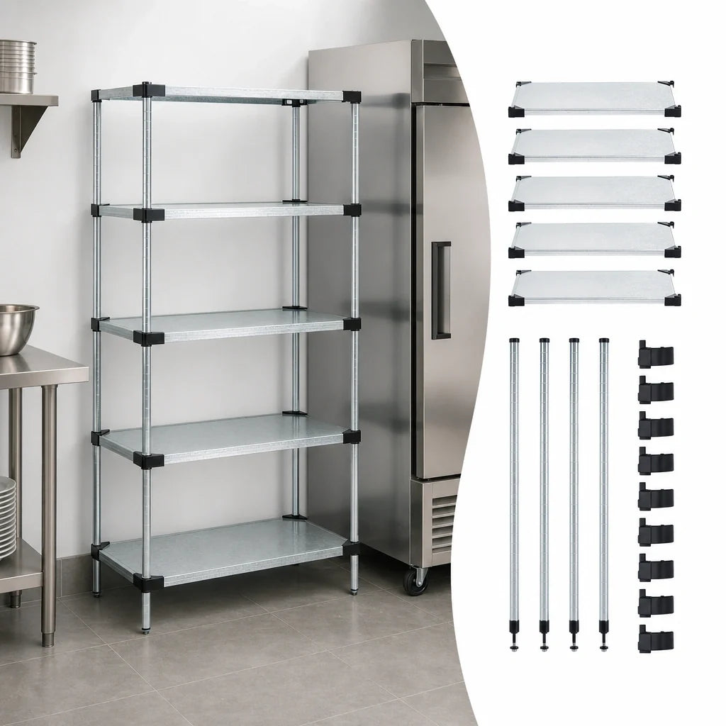 Quantum WR54-1436SG-5 Stationary Solid Shelving Starter Kit, 36"W x 14"D x 54"H, 5 Shelves, Galvanized Steel with Chrome Posts