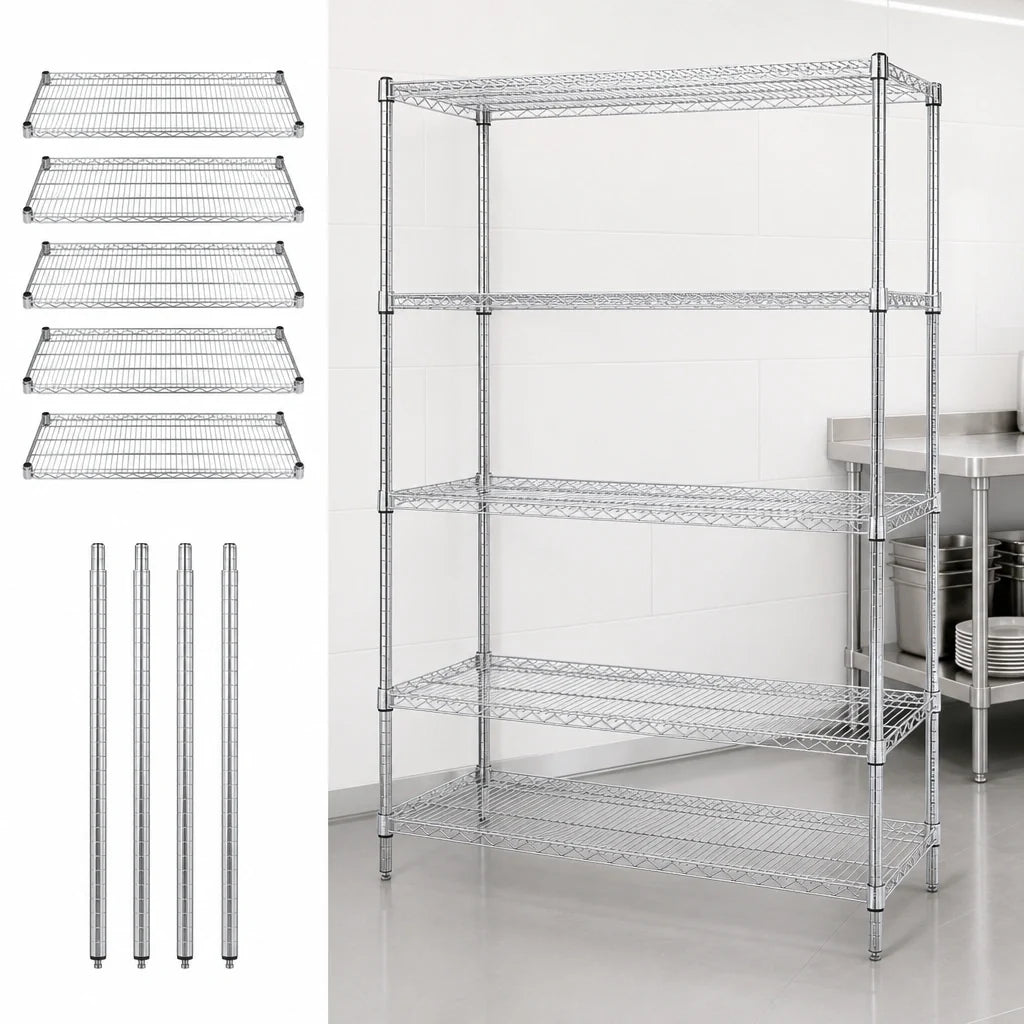 Quantum WR74-3648C-5 Stationary Wire Shelving Starter Kit, 48"W x 36"D x 74"H, 5 Shelves, Chrome Plated