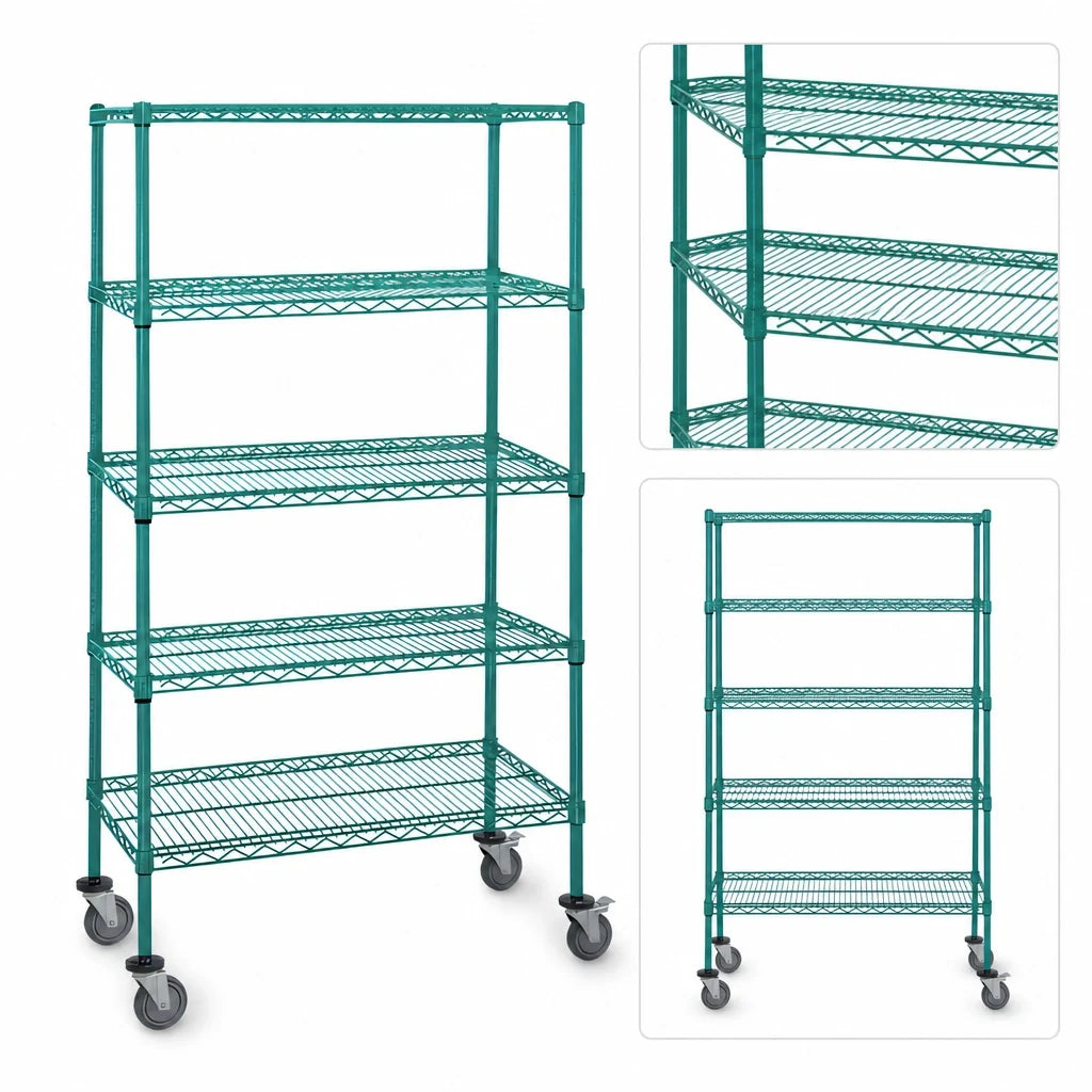 Quantum M1836P46-5 36" W x 18" D x 69" H 5-Shelf Mobile Wire Shelving Cart, Green Epoxy Coated