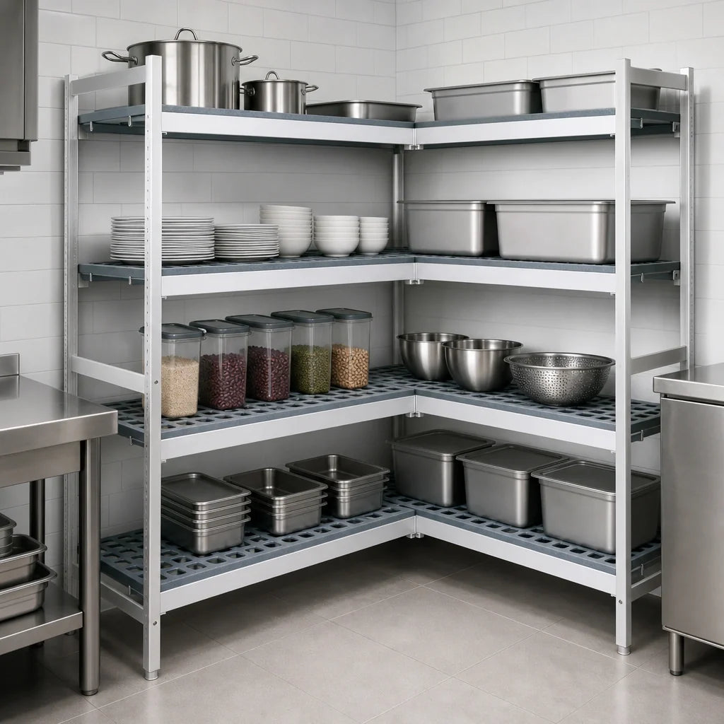 Fermod Fermostock 4R47A71-CE 4-Tier Corner Expansion Shelving Add-On Unit, 71"H x 47"W x 14"D, Aluminum with Polymer Inserts