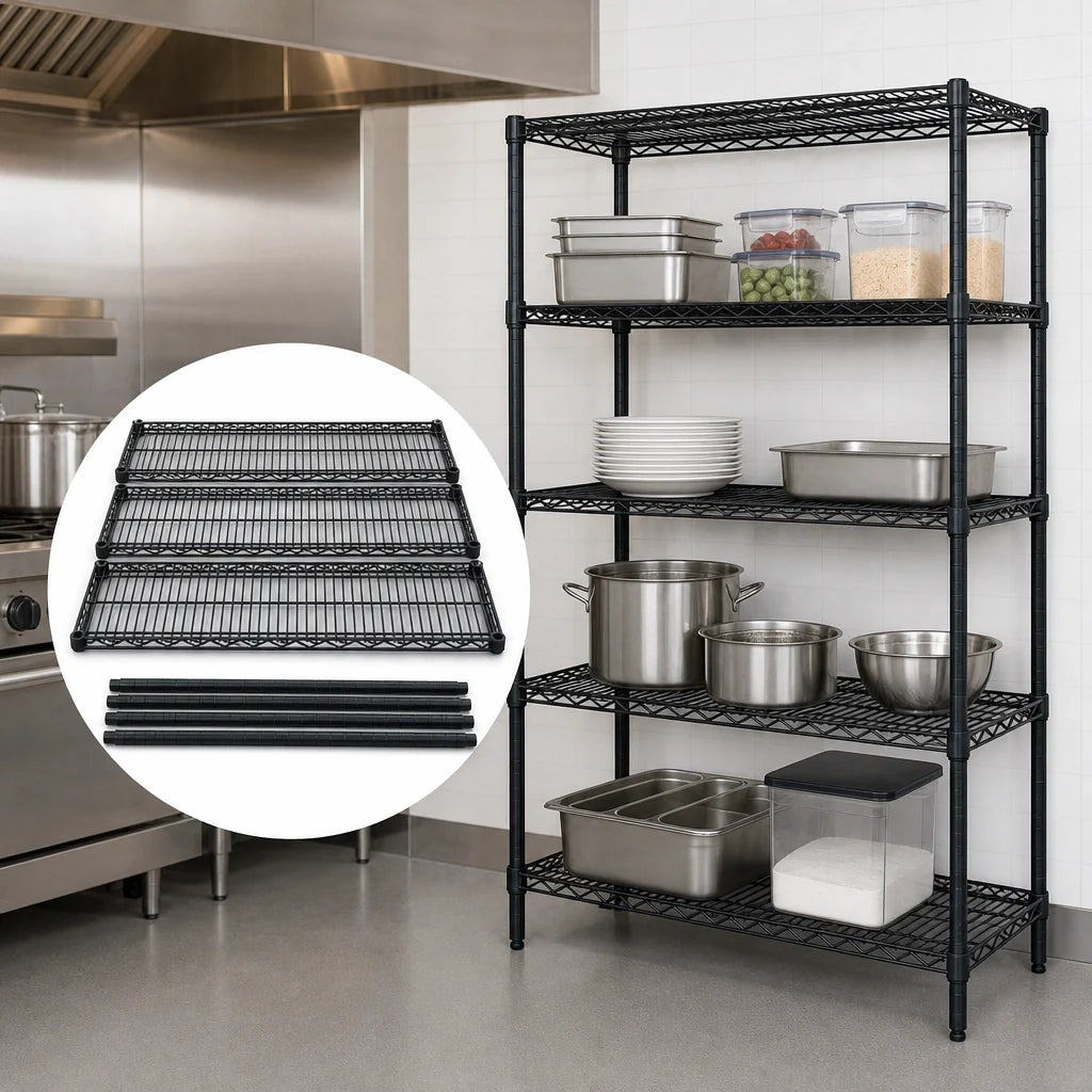 Quantum WR74-1448BK Commercial Wire Shelving Starter Kit, 48"W x 14"D x 74"H, 4 Shelves, Black Epoxy Antimicrobial