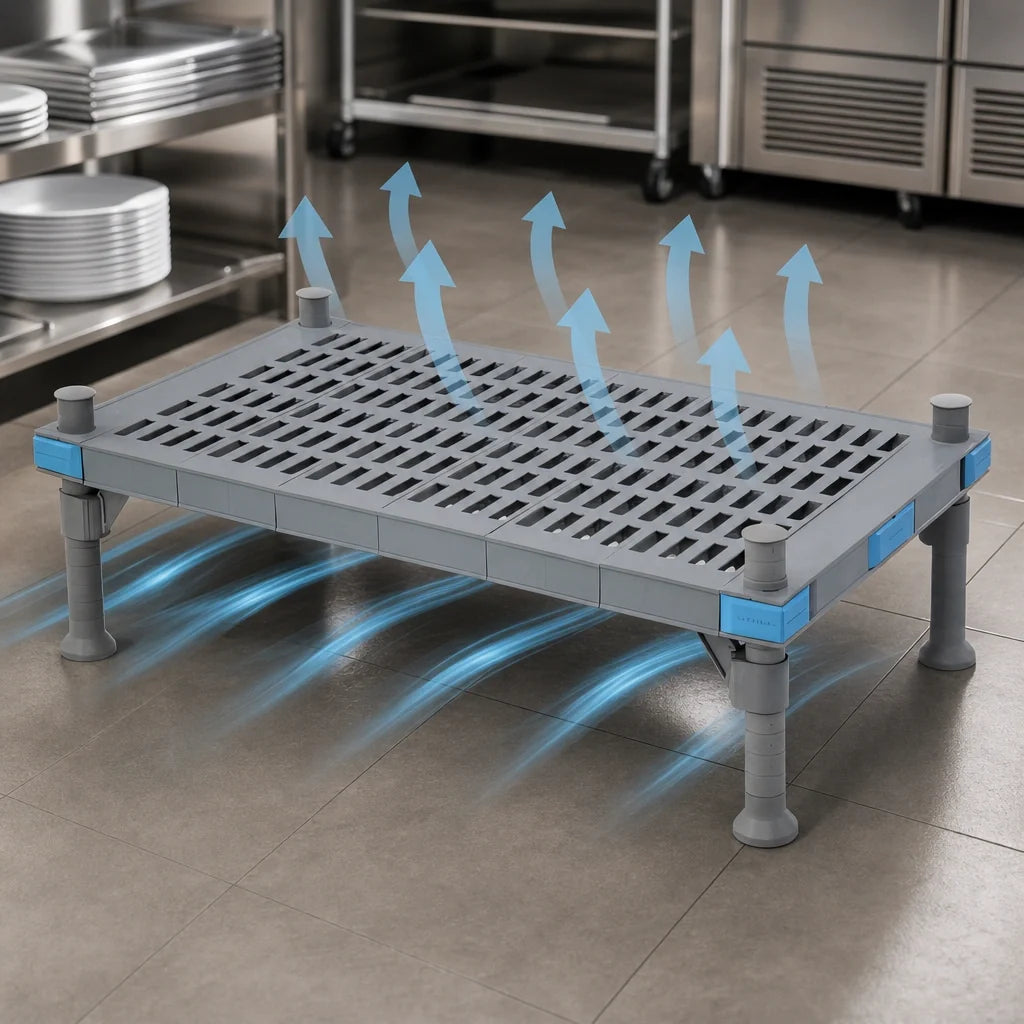 Quantum Millenia QP246014VP Vented-Top Polymer Dunnage Rack with Shelf, Gray, 60 x 24 x 14 Inches