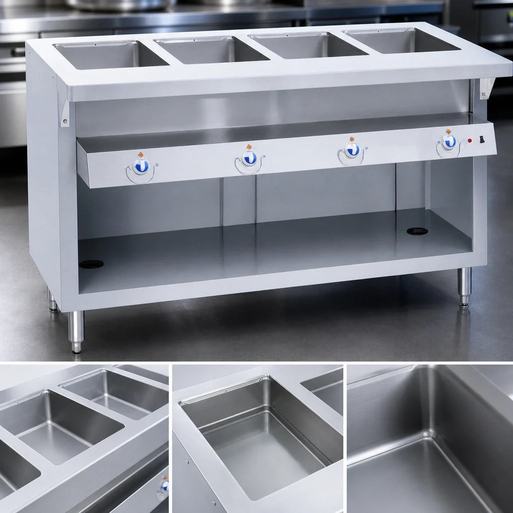 Duke Manufacturing Thurmaduke E-3-DLSS Electric 3-Well Steamtable, Sealed Wells, Stainless Steel, Open Undershelf, Cutting Board