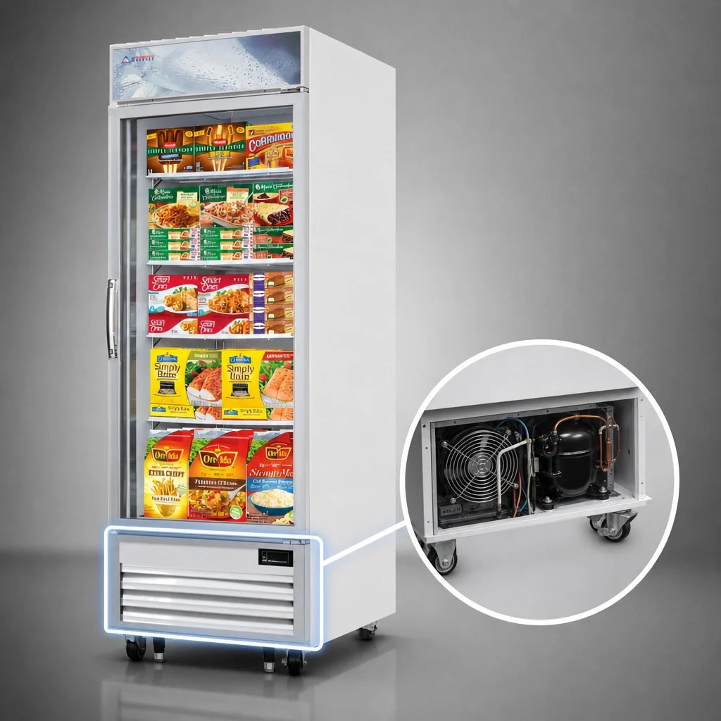 Everest Refrigeration EMGF23 23 Cu. Ft. 1-Section Glass Door Merchandiser Freezer, Bottom-Mounted Refrigeration, Locking Door
