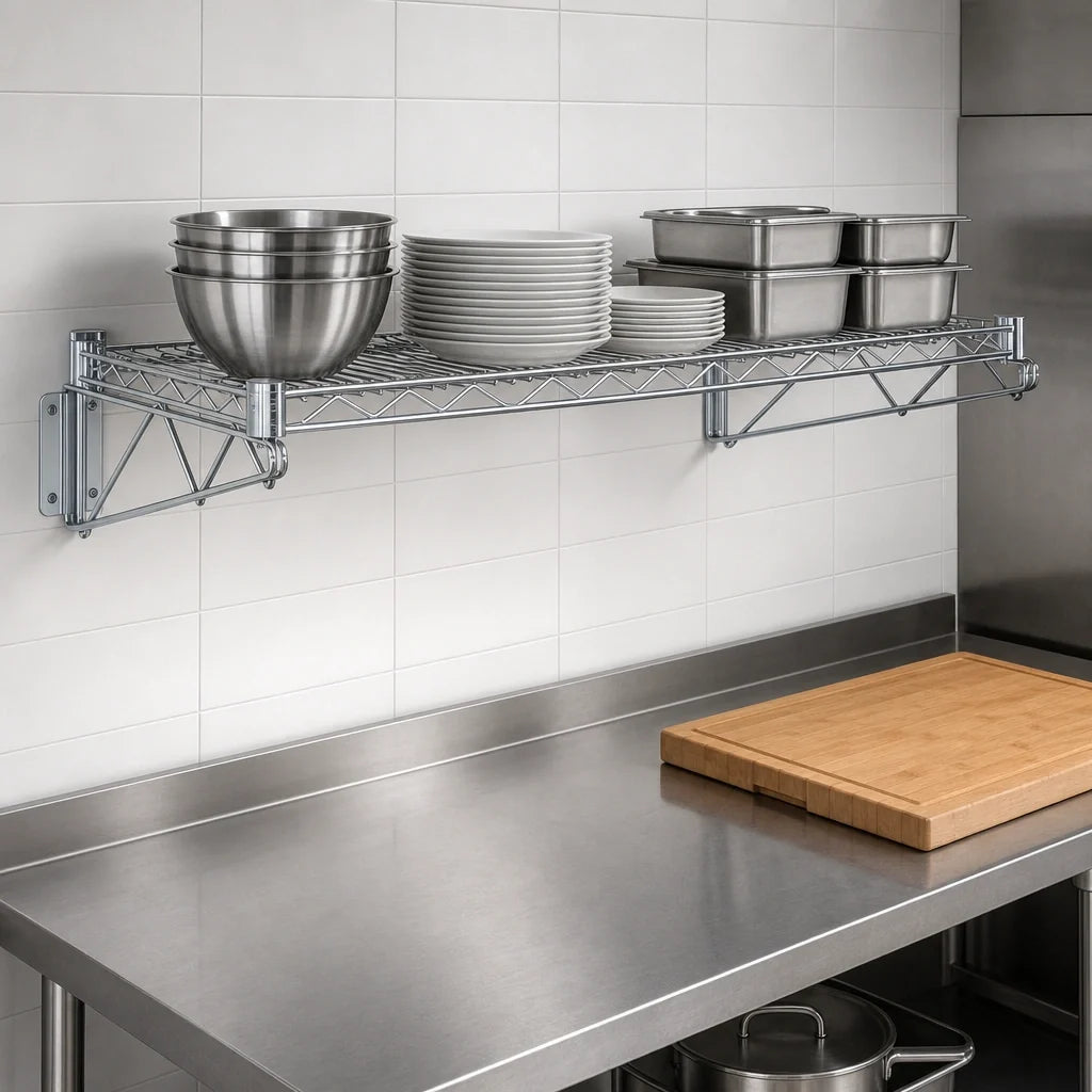 Quantum WDWB2460C Wall-Mount Cantilever Single Wire Shelf, 60W x 24D, Chrome-Plated, NSF