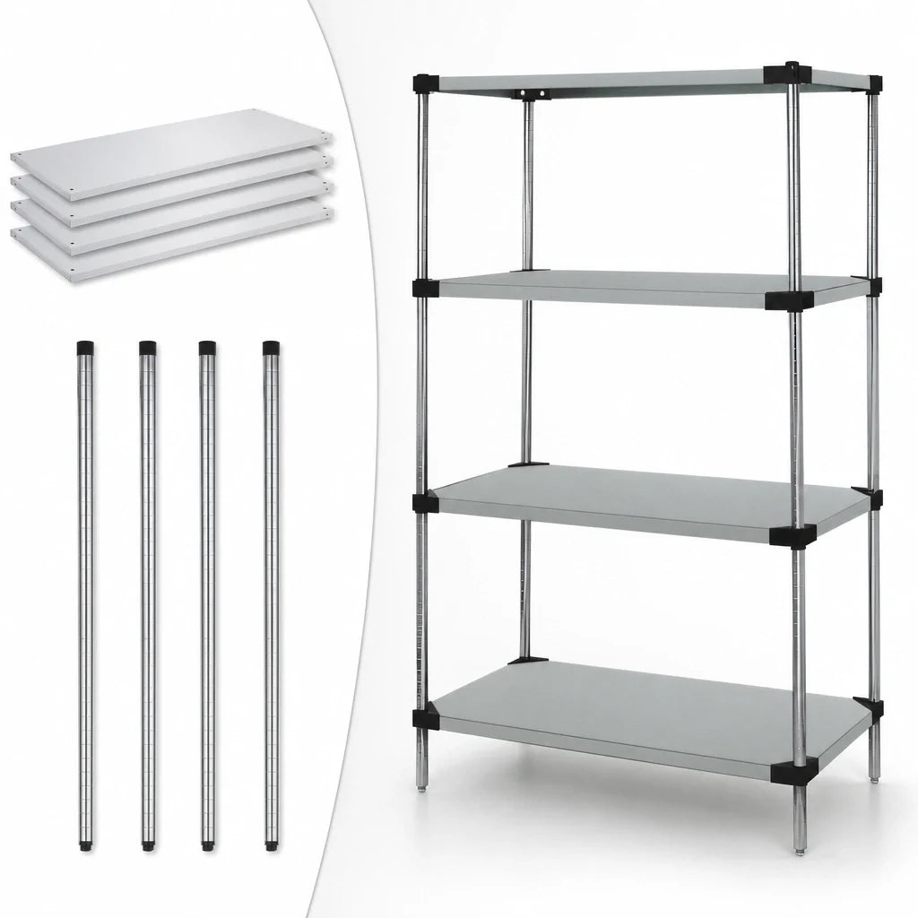 Quantum WRS4-74-1460SS 304 Stainless Steel Solid Shelving Starter Kit, 4 Shelves, Stationary, 60"W x 14"D x 74"H