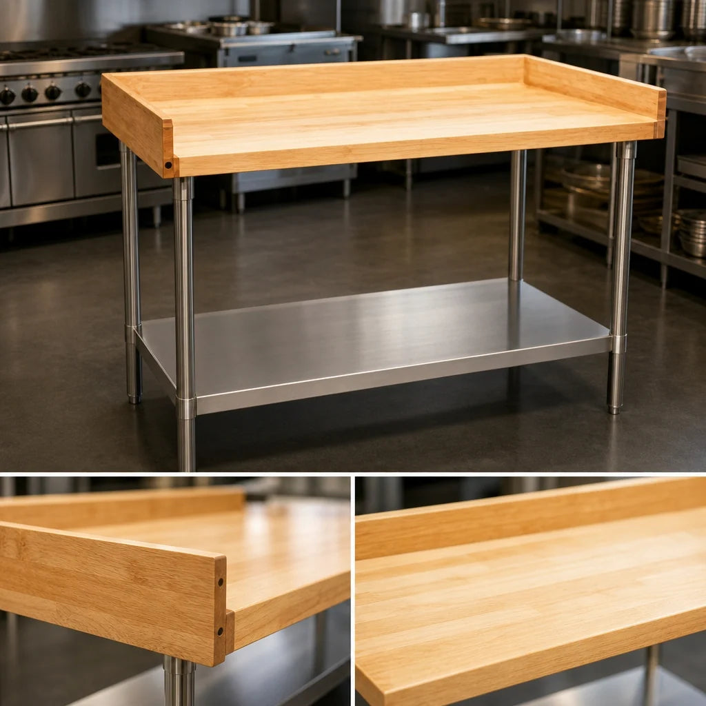 Eagle Group MT3096S-BS 96"W x 30"D Bakers' Table with 1-3/4" Hardwood Top, Stainless Steel Base, Undershelf and 4" Splash