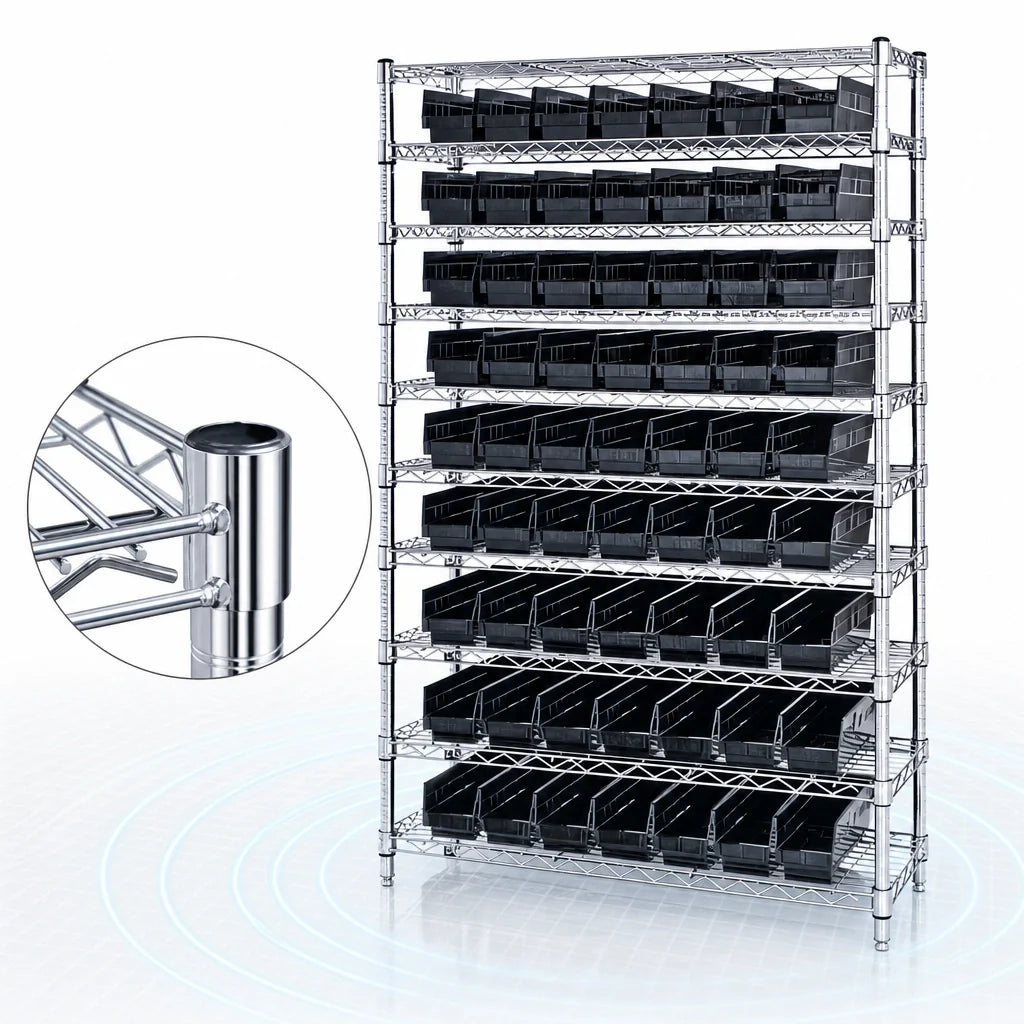 Quantum WR12-103CO Conductive Chrome-Plated Bin Wire Shelving System, 36"W x 18"D x 74"H, 12 Shelves with 88 Bins