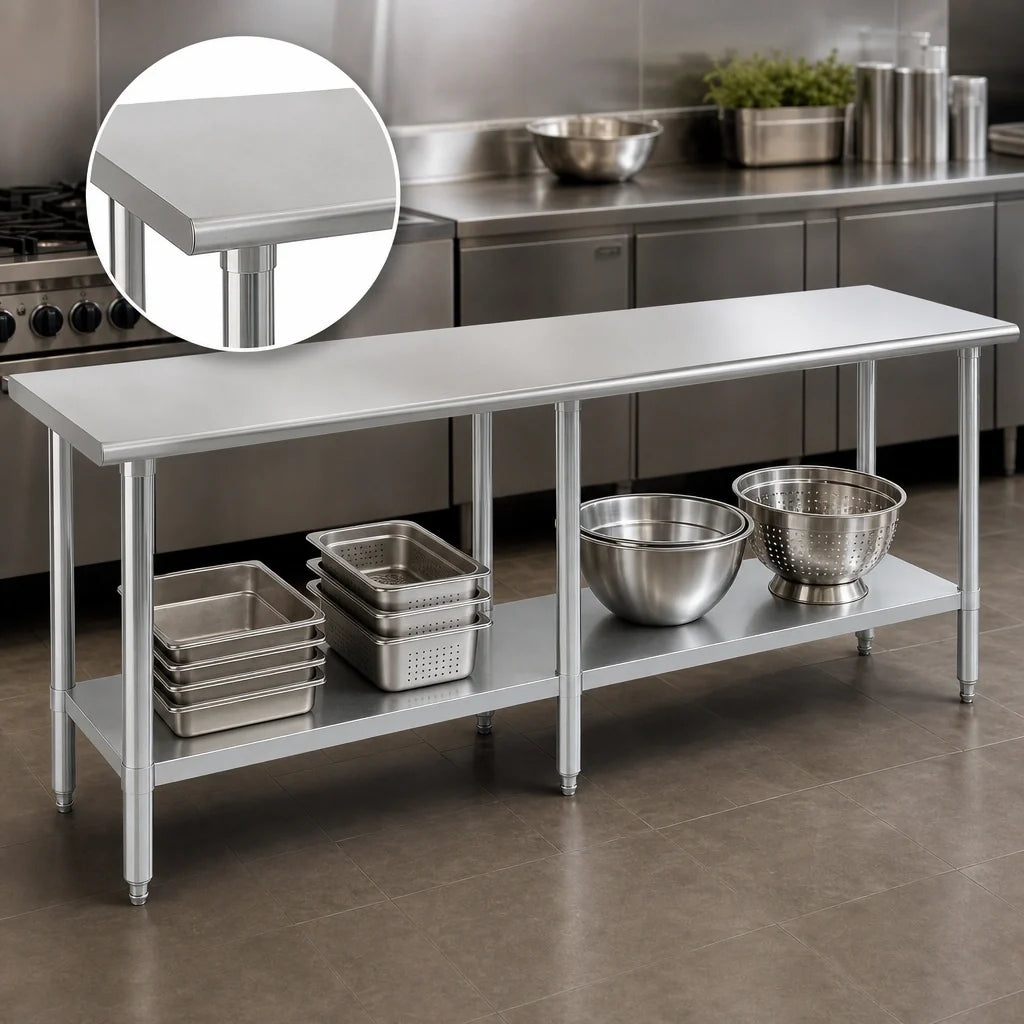 Eagle Group Deluxe T24108EB Stainless Steel Work Table, 108 x 24 in, Open Base, Adjustable Galvanized Undershelf, Flat Top