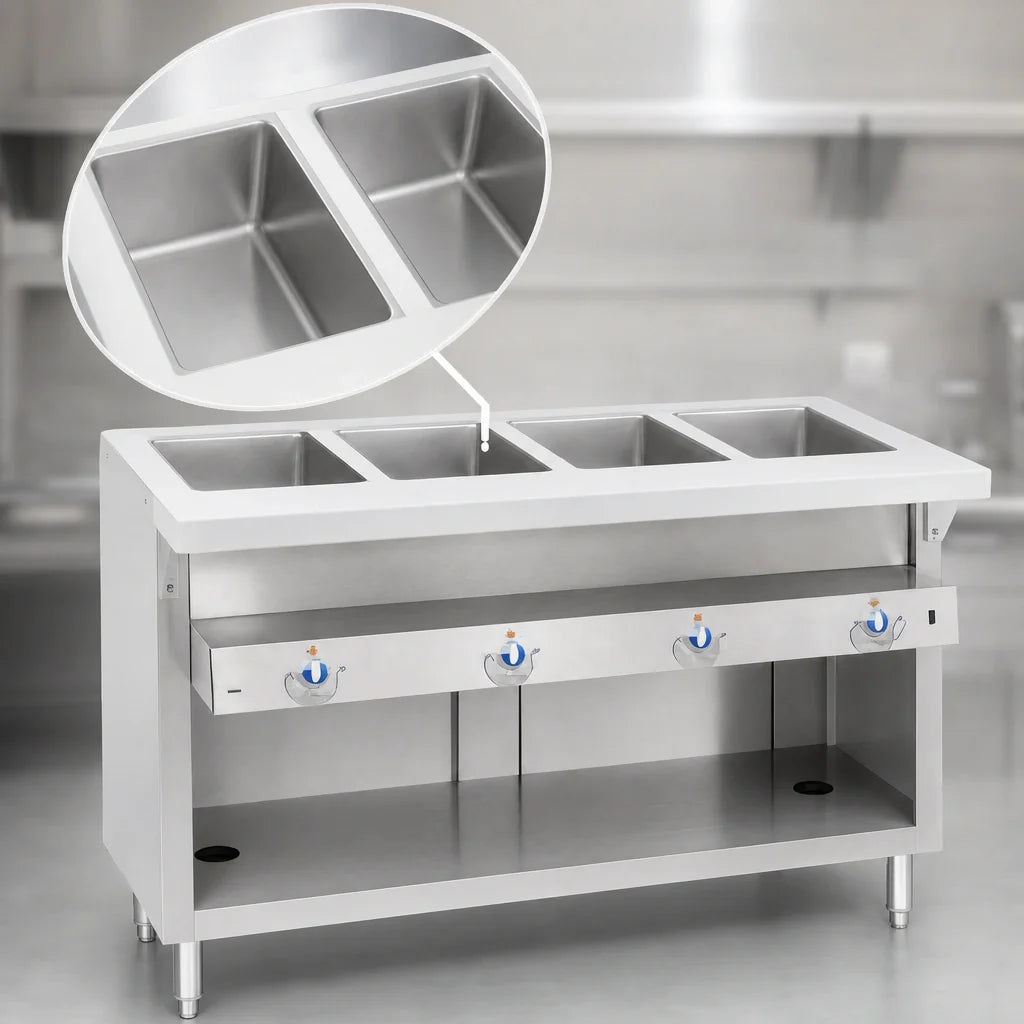 Duke Manufacturing Thurmaduke E-2-DLSS 32-Inch Electric 2-Well Sealed Steamtable, Stainless Steel, Open Storage Base