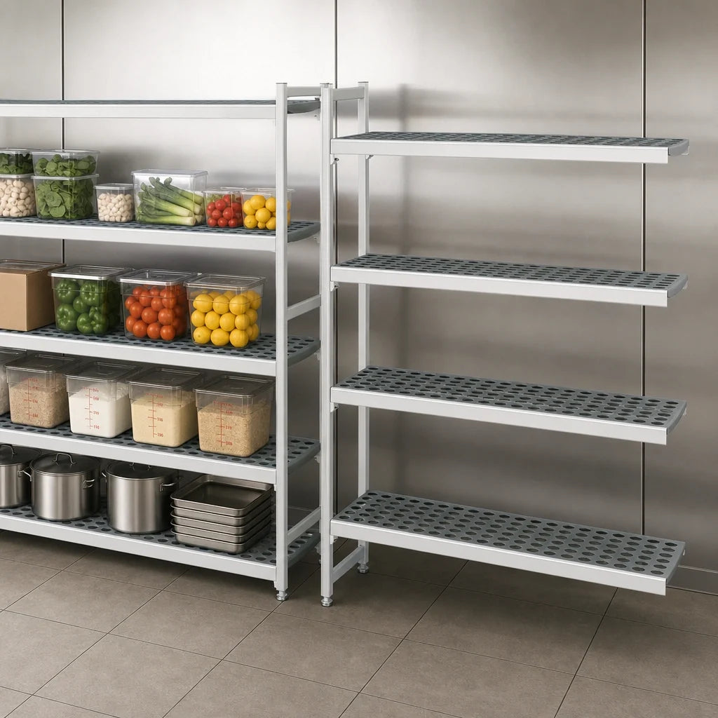 Fermod Fermostock 4R38C83-E 4-Tier Perforated Polymer Shelving Add-On Unit, 83"H x 38"W x 22"D, Gray, Aluminum Upright