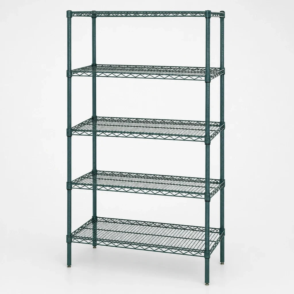 Quantum WR74-2436P-5 Stationary Wire Shelving Starter Unit, 36"W x 24"D x 74"H, 5 Shelves, Green Epoxy