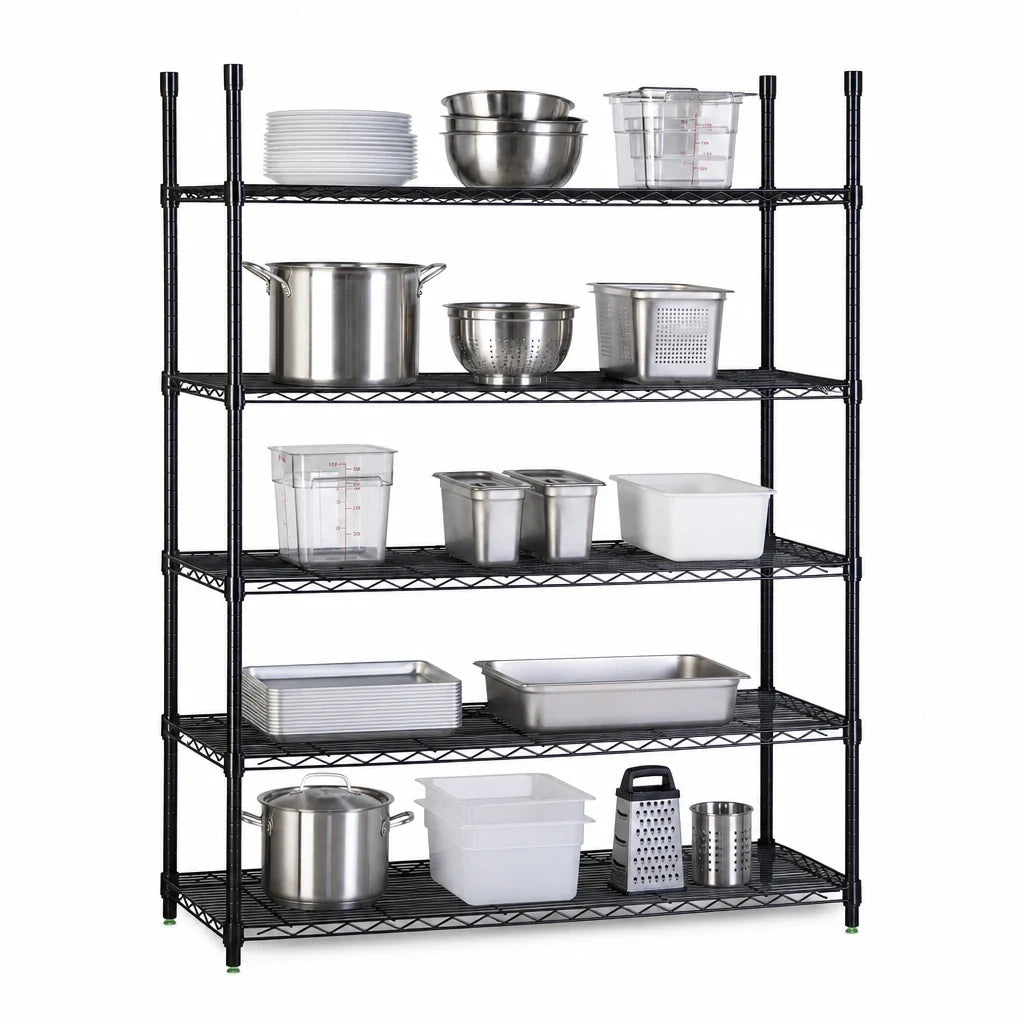 Quantum WR54-2460BK-5 Black Epoxy Stationary Wire Shelving Starter Kit, 60"W x 24"D x 54"H, 5 Shelves