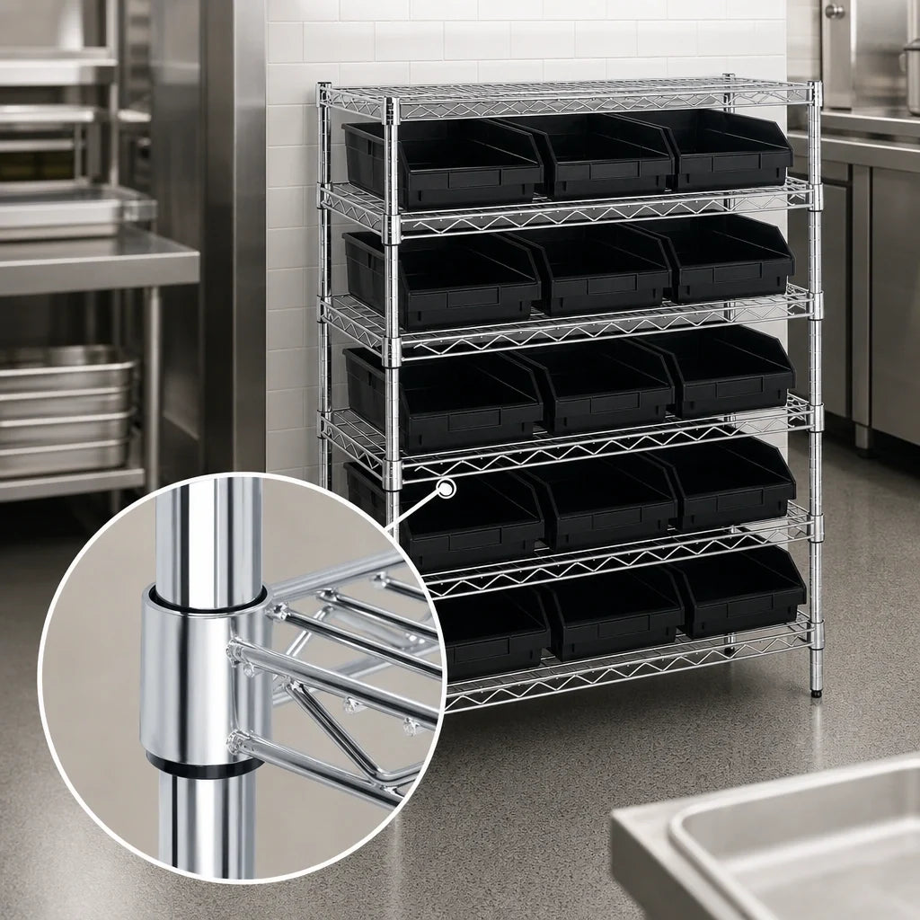 Quantum WR6-36-1236-109CO Conductive Chrome Wire Bin Shelving Unit, 6 Shelves, 15 Bins, 36"W x 12"D x 36"H