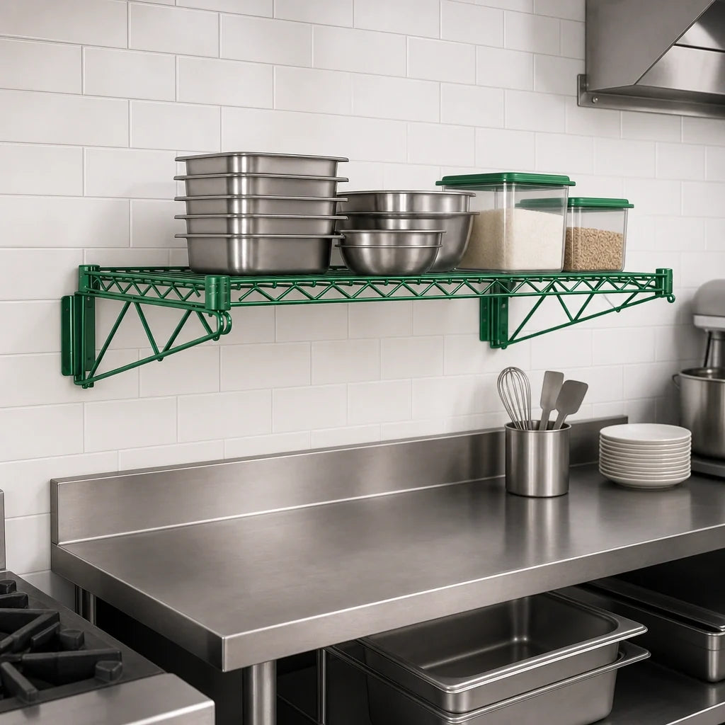 Quantum WDWB2442P Wall-Mount Cantilever Wire Shelf, Single Tier, 42"W x 24"D, Green Epoxy-Coated