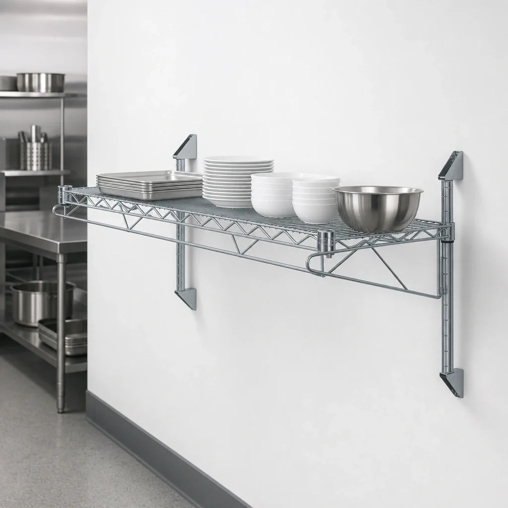 Quantum WC14-CB2448GY Wall-Mounted Cantilever Wire Shelf, Single Tier, 48"W x 24"D, 14"H, Gray Epoxy Finish