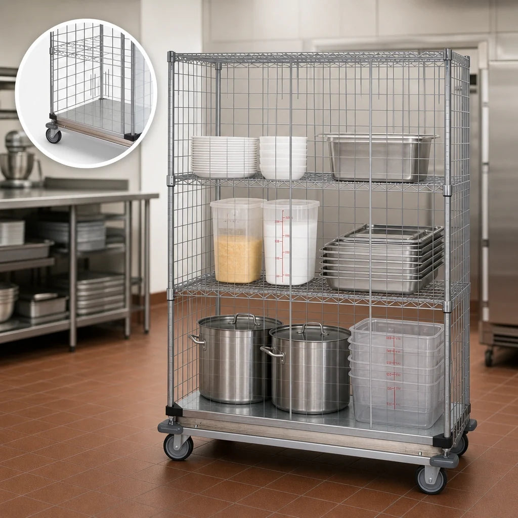 Quantum WRDBS4-74-2436EP Wire Enclosed Mobile Cart, 36 x 24 x 80 Inches, 1200 lb. Capacity, 3 Wire/1 Solid Shelf