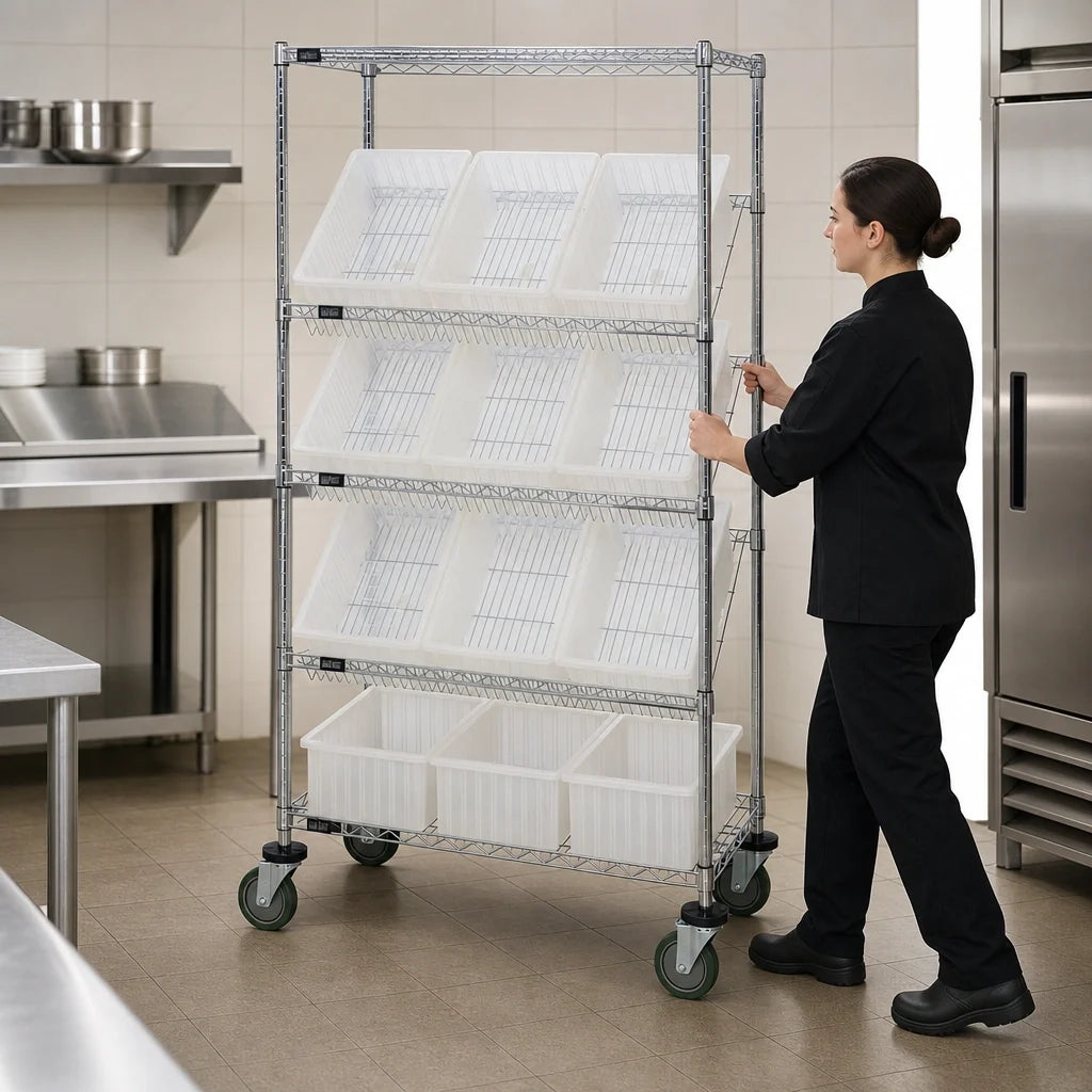 Quantum MWRS-5-92060 Mobile Chrome Wire Shelving Bin System, 5 Shelves, 12 Bins, 36W x 18D x 63H