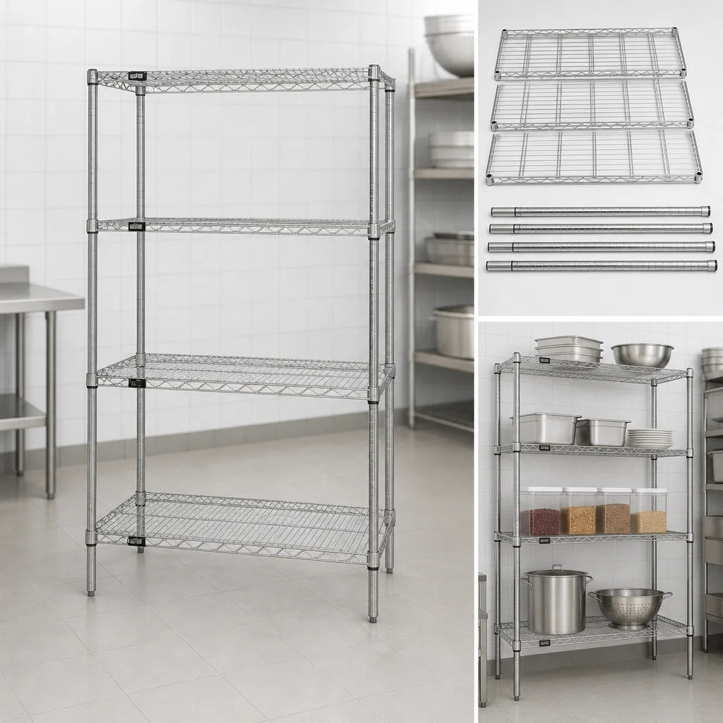 Quantum WR86-2430C Wire Shelving Starter Kit, 30" W x 24" D x 86" H, Chrome, 4 Shelves