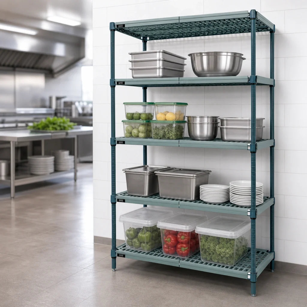 Quantum WR74-1860WPM 4-Tier Stationary Wire Plastic Mat Shelving Unit, 60W x 18D x 74H, Green Epoxy Finish