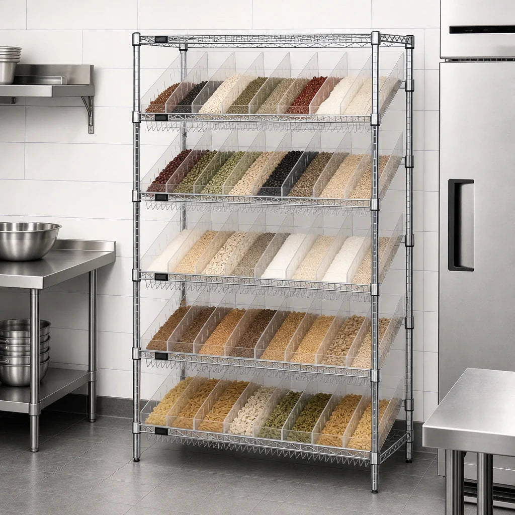 Quantum WRS-7-103CL Stationary Chrome-Plated Wire Shelving Bin System with 48 Clear Bins, 7 Shelves, 36W x 18D x 74H