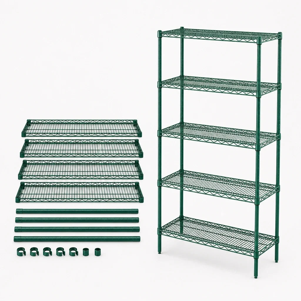 Quantum WR63-2424P-5 Wire Shelving Starter Unit, 24"W x 24"D x 63"H, 5 Shelves, Green Epoxy Antimicrobial Finish