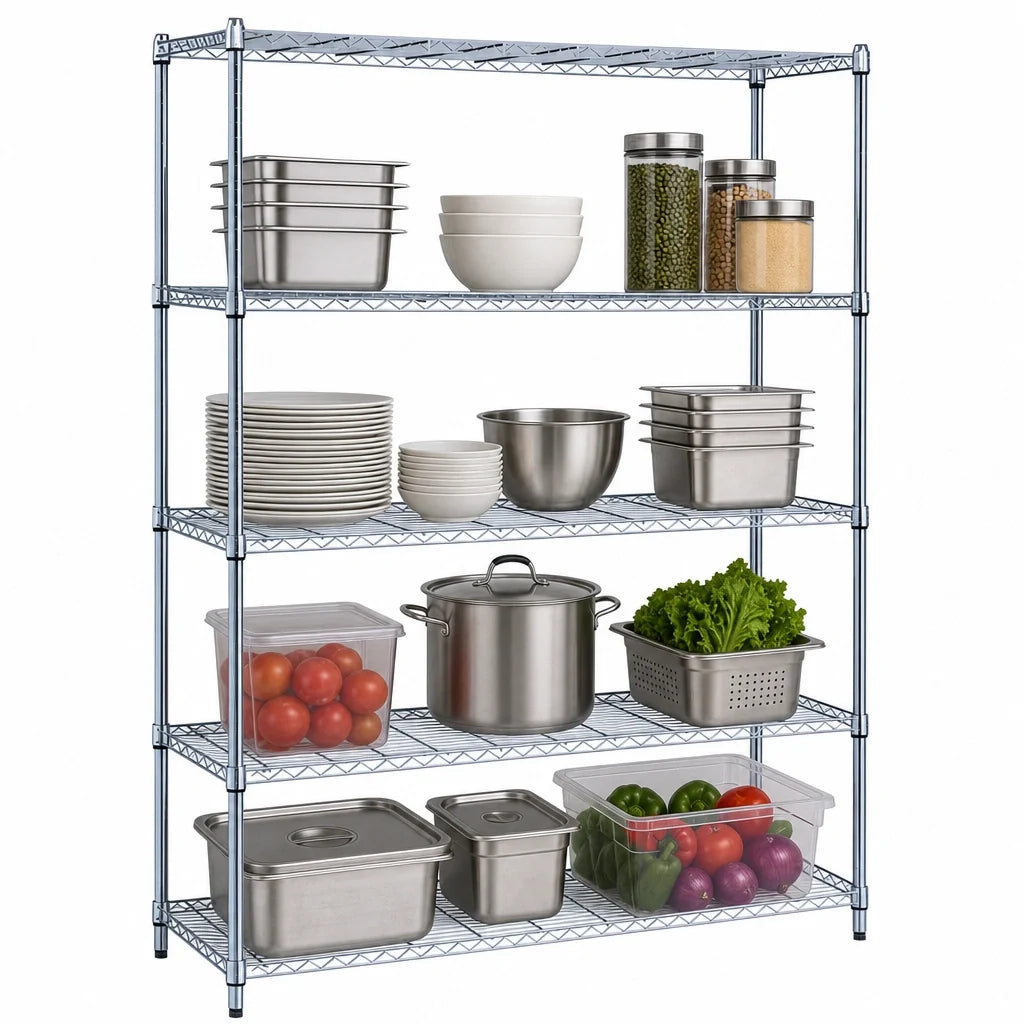 Quantum RWR72-1848LD 4-Shelf Chrome Wire Shelving Unit, 48"W x 18"D x 72"H, Stationary