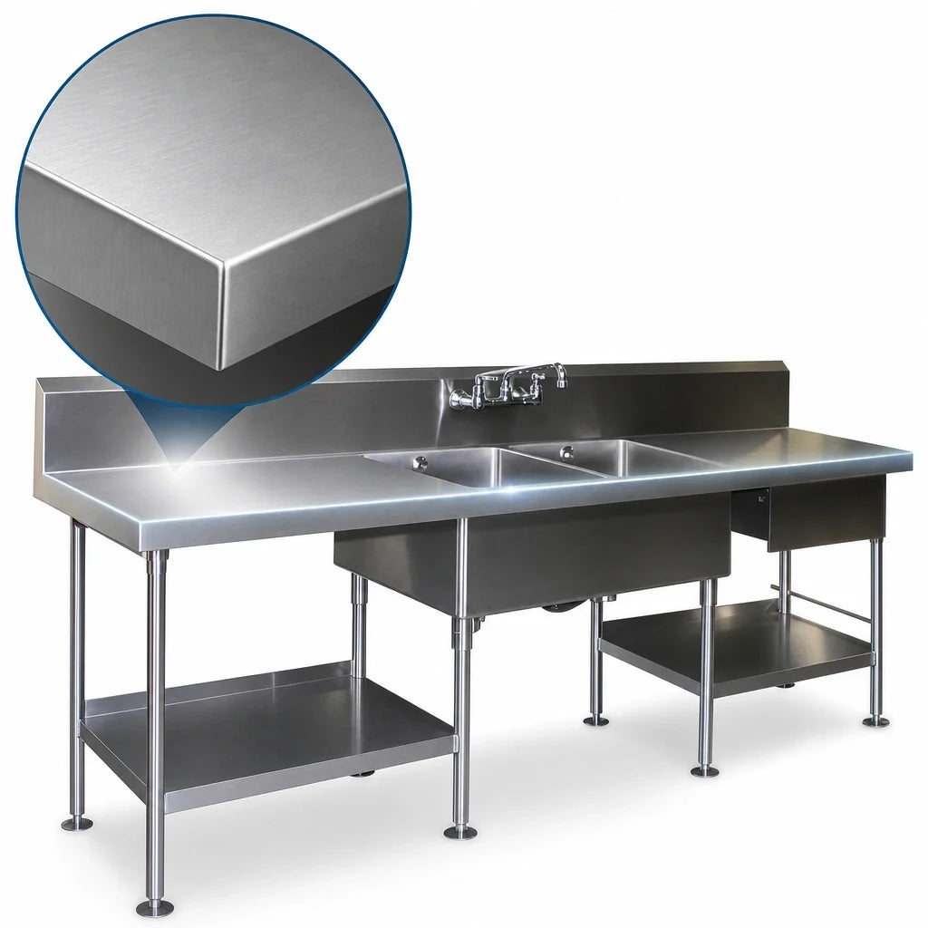 Eagle Group Spec-Master SMPT3096 96"W x 30"D 14-Gauge 304 Stainless Steel Marine Prep Table with Double Sinks, 10" Backsplash and Poly Cutting Board