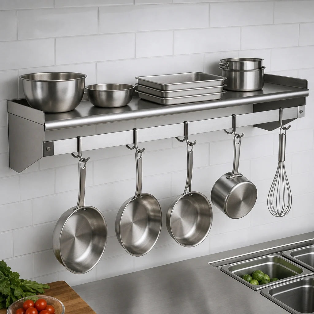 Eagle Group WSP1060 60-Inch Wall-Mounted Stainless Steel Pot Rack Shelf with Removable Double-Prong Hooks