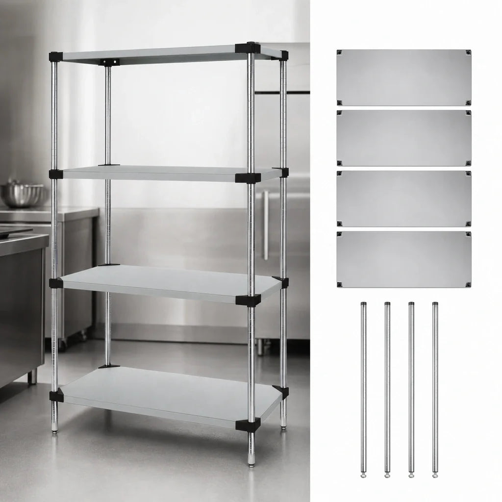 Quantum WRS4-86-1436SS Stationary Solid Stainless Steel Shelving Starter Kit, 4 Shelves and 4 Posts, 36 x 14 x 86 Inches