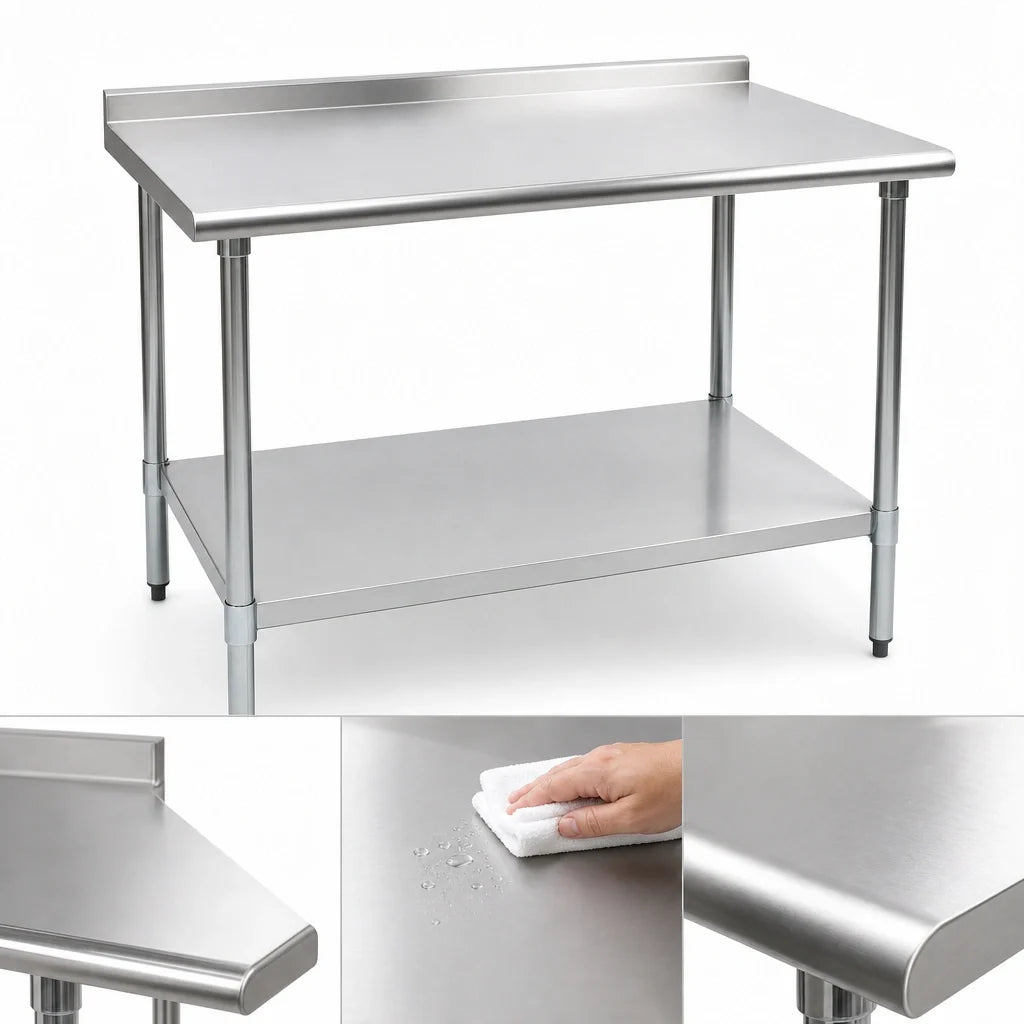 Eagle Group Deluxe UT3648EB 48 x 36 Inch Stainless Steel Work Table, 16-Gauge 300 Series Top, Rear Upturn, Adjustable Galvanized Undershelf