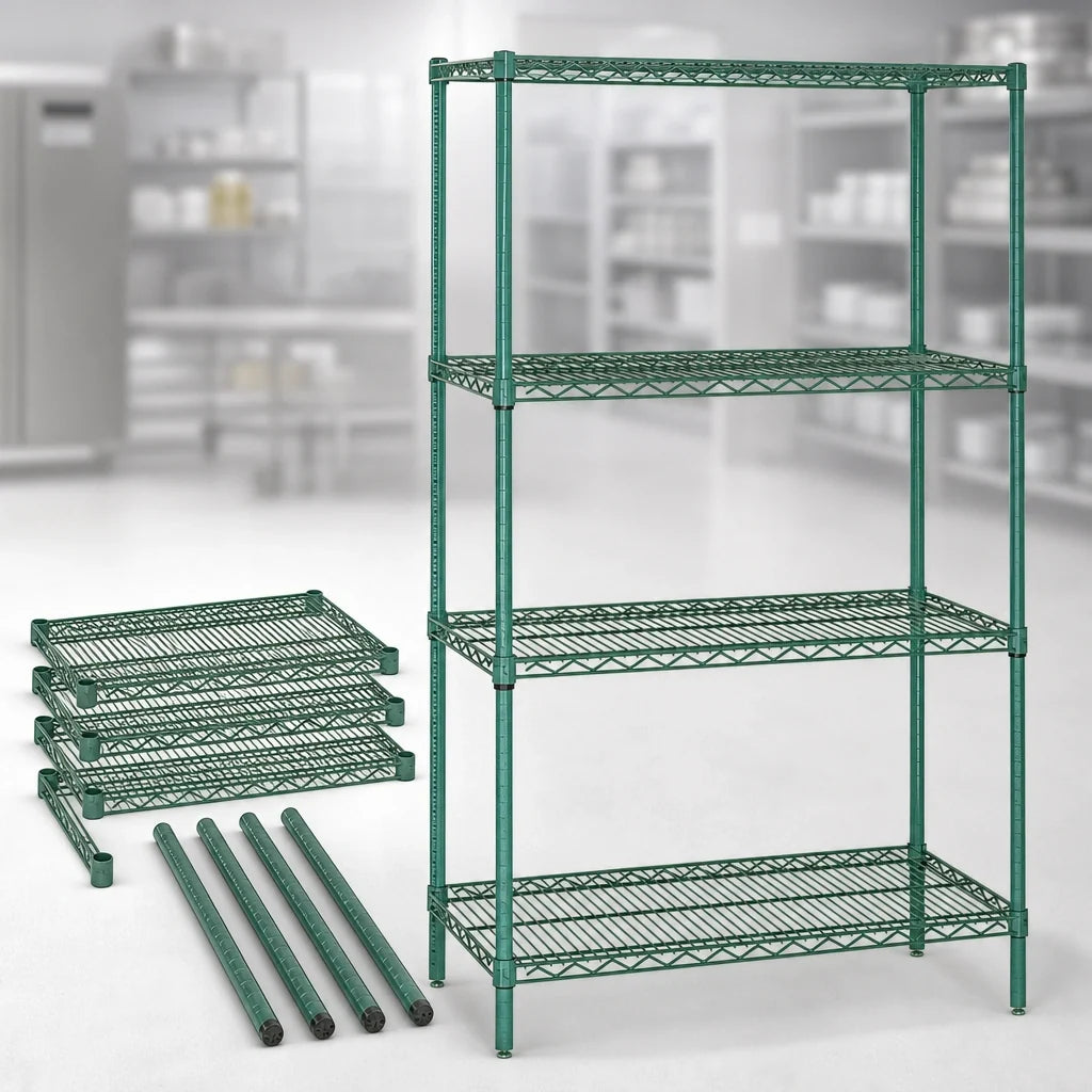 Quantum WR54-2454P 4-Shelf Wire Shelving Starter Kit, 54"W x 24"D x 54"H, Green Epoxy Finish