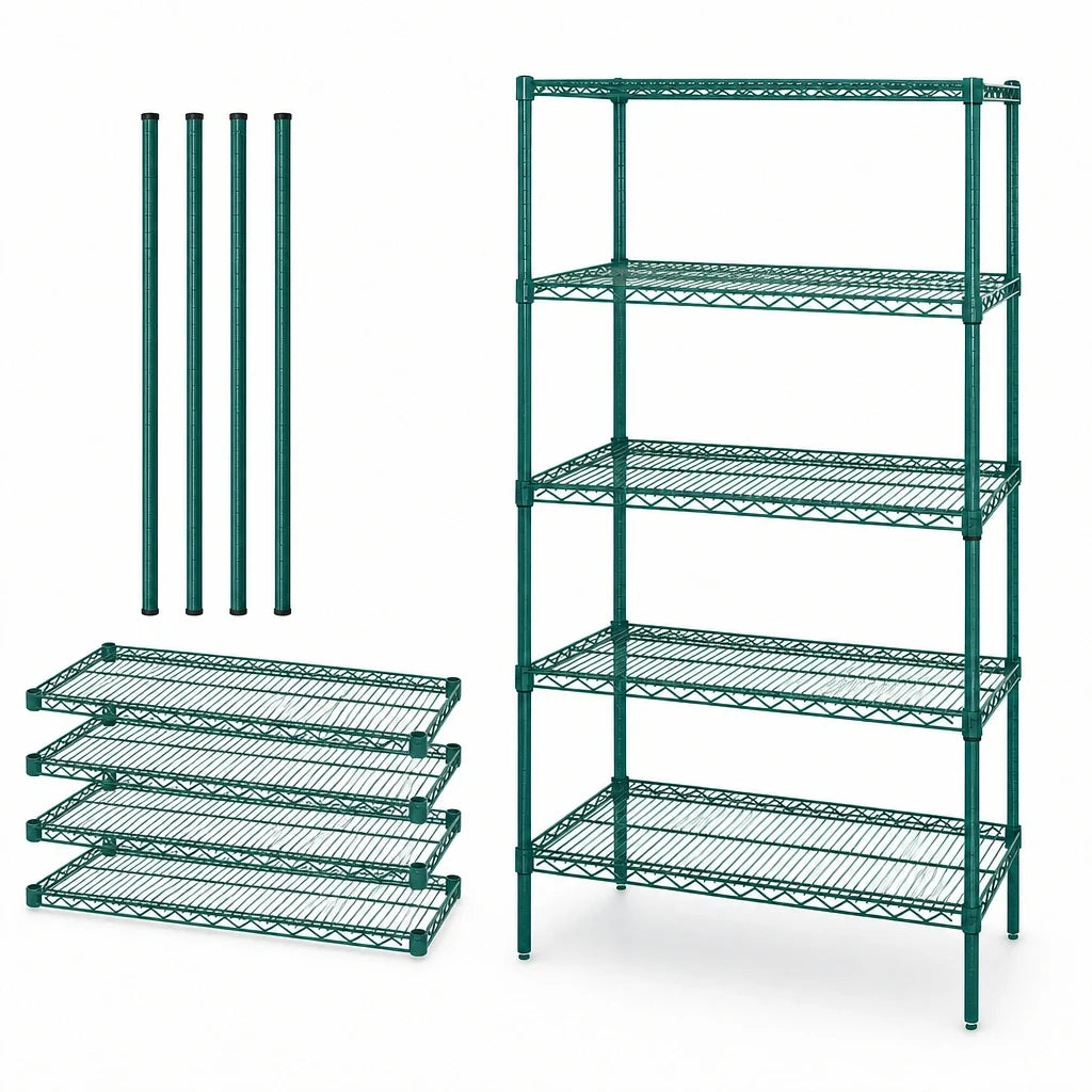 Quantum WR54-1424P-5 24"W x 14"D x 54"H Green Epoxy Wire Shelving Starter Unit, 5 Shelves, Stationary
