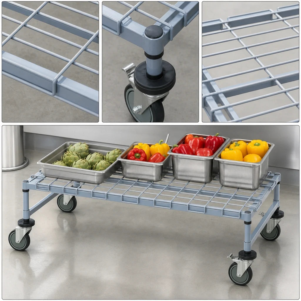 Quantum M18426DGY Mobile Wire Dunnage Platform Rack, 42"W x 18"D x 12"H, Gray Epoxy Antimicrobial Finish