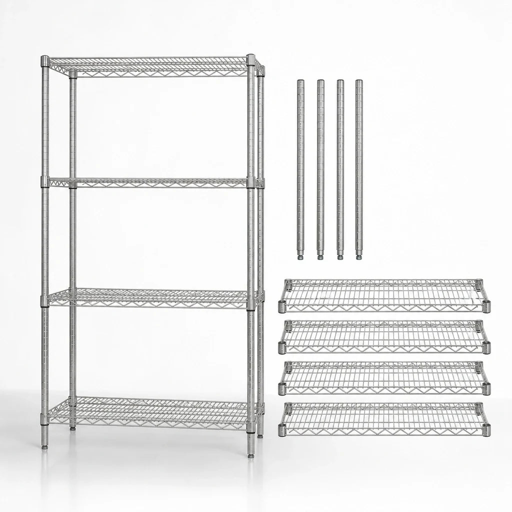 Quantum WR63-1430C Stationary Wire Shelving Starter Kit, 30"W x 14"D x 63"H, Chrome, 4 Shelves