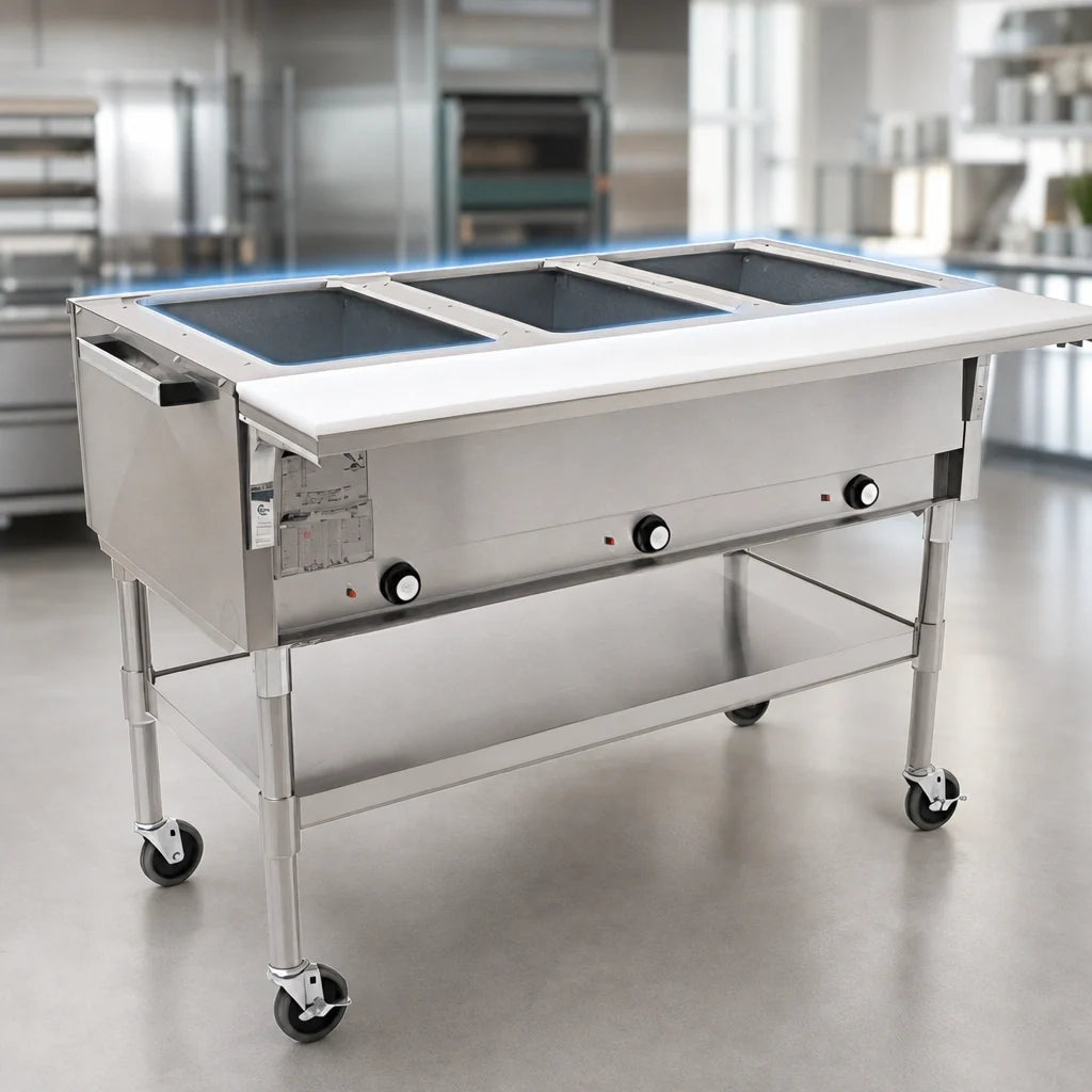 Eagle Group SPDHT3-240 Portable Electric Hot Food Table, 3 Dry Wells, Open Base, Cutting Board, Mobile, 240V