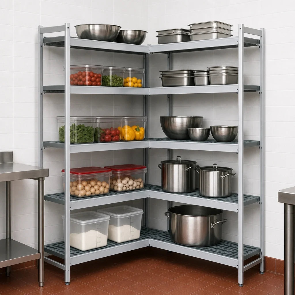 Fermod Fermostock 5R47A83-CE 5-Tier Corner Expansion Shelving Unit, 47W x 14D x 83H, Aluminum with Removable Polymer Inserts