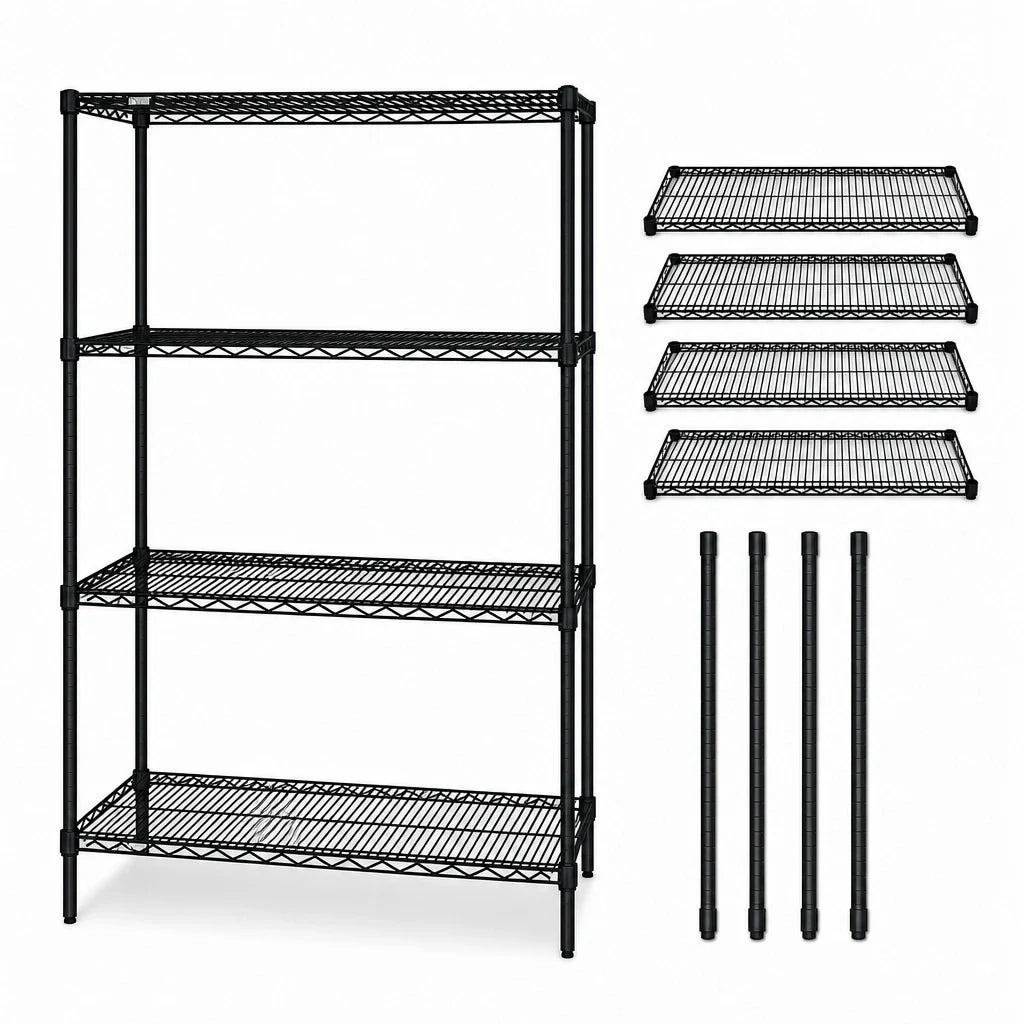 Quantum WR86-1248BK Stationary Wire Shelving Starter Kit, 48"W x 12"D x 86"H, 4 Shelves, 4 Posts, Black Epoxy Finish
