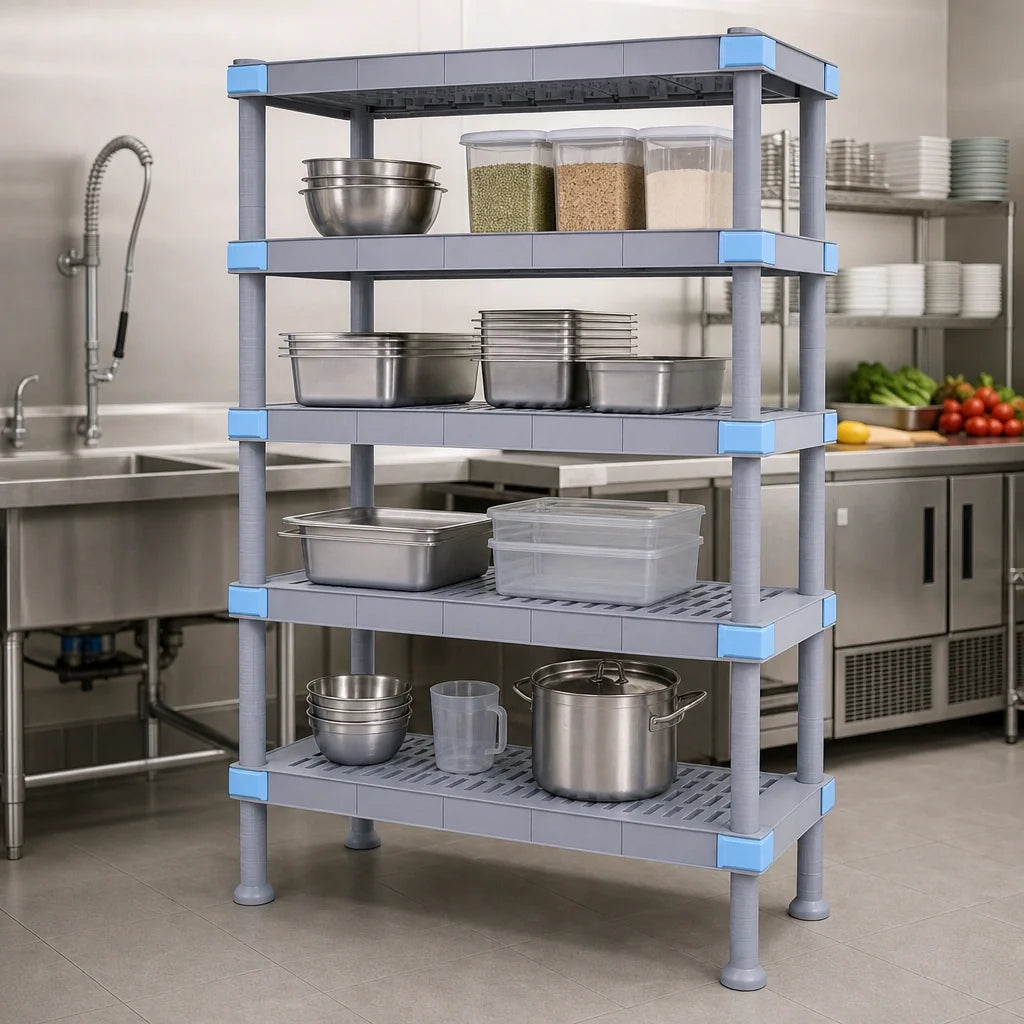 Quantum QP217262V4S1 Polymer Shelving Unit, 72"W x 21"D x 62"H, 2000 lb Capacity, 4 Open/1 Solid Grid Shelf, Gray