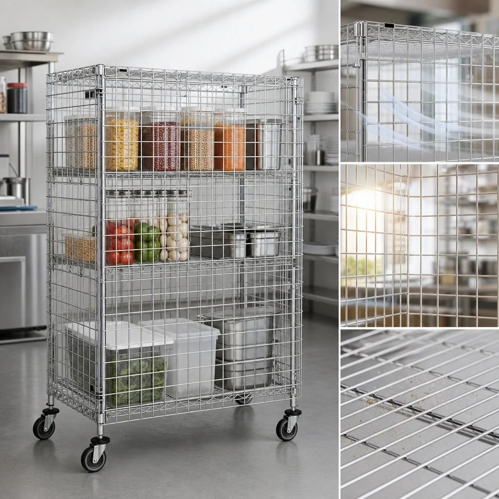 Quantum M2136-69SEC-2 Mobile Wire Security Cage with Locking Doors, 2 Intermediate Shelves, Chrome, 36 x 21 x 69 Inches