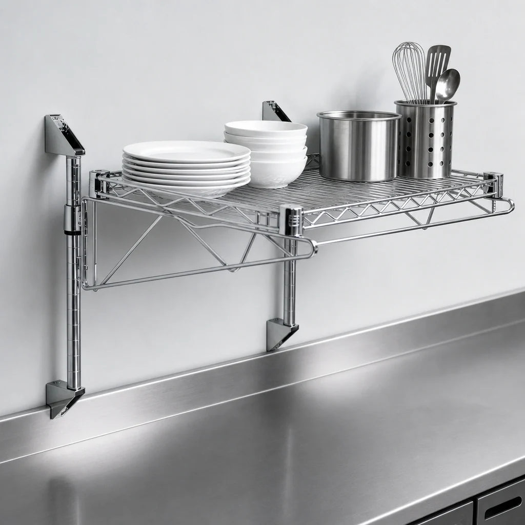Quantum WC14-CB1430C Wall-Mount Cantilever Wire Shelving Unit, Single Shelf, 30 x 14 Inches, Chrome Plated