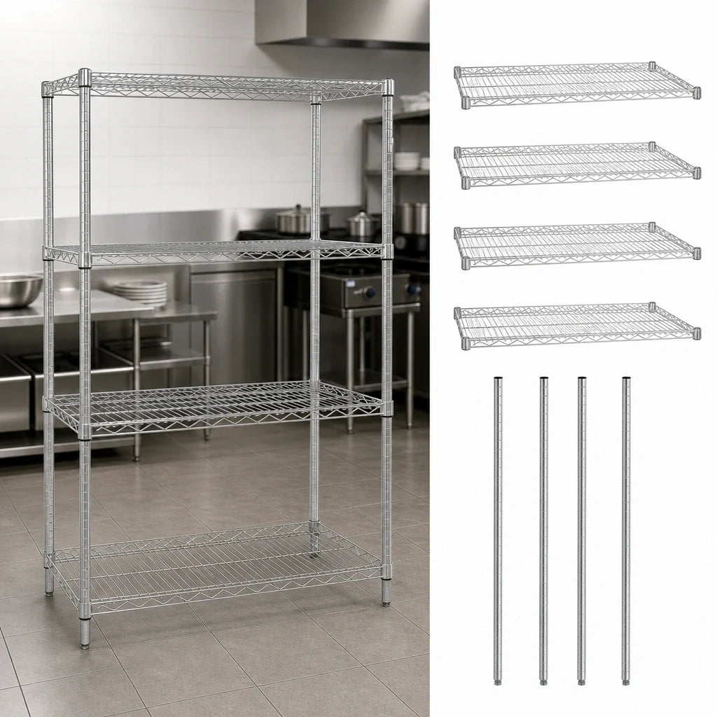 Quantum WR74-3042C Stationary Chrome Wire Shelving Starter Kit, 42"W x 30"D x 74"H, 4 Shelves, 4 Posts