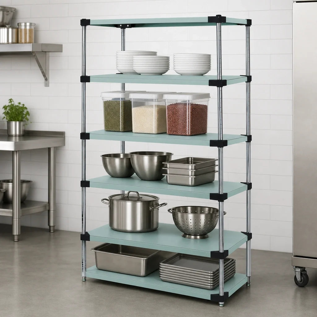 Quantum WRS5-74-2430SS 304 Stainless Steel Solid Shelving Starter Kit, 30 W x 24 D x 74 H in., 5 Shelves