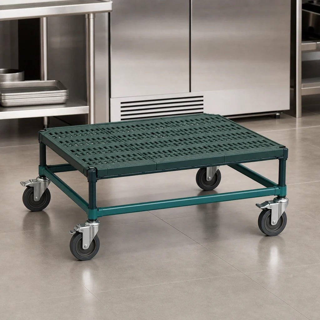 Eagle Group QuadPlus QP-MDR2430VG-GL Mobile Dunnage Rack, 30 x 24 x 14 in., 800 lb Capacity, Green Epoxy Posts, Louvered Polypropylene Mat