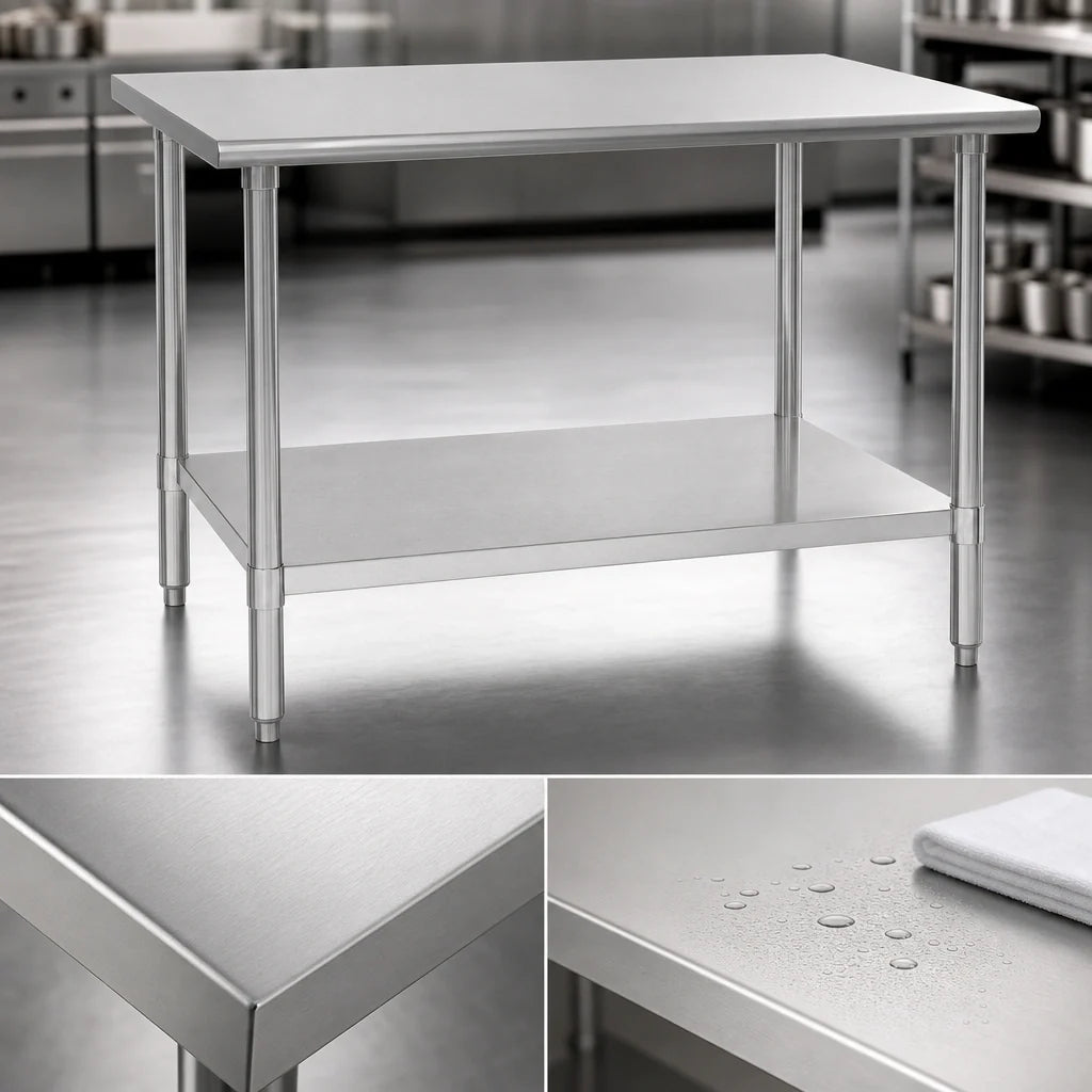 Eagle Group Spec-Master T4860E 60 x 48 Inch Stainless Steel Work Table with Adjustable Galvanized Undershelf, 14-Gauge 300-Series Top