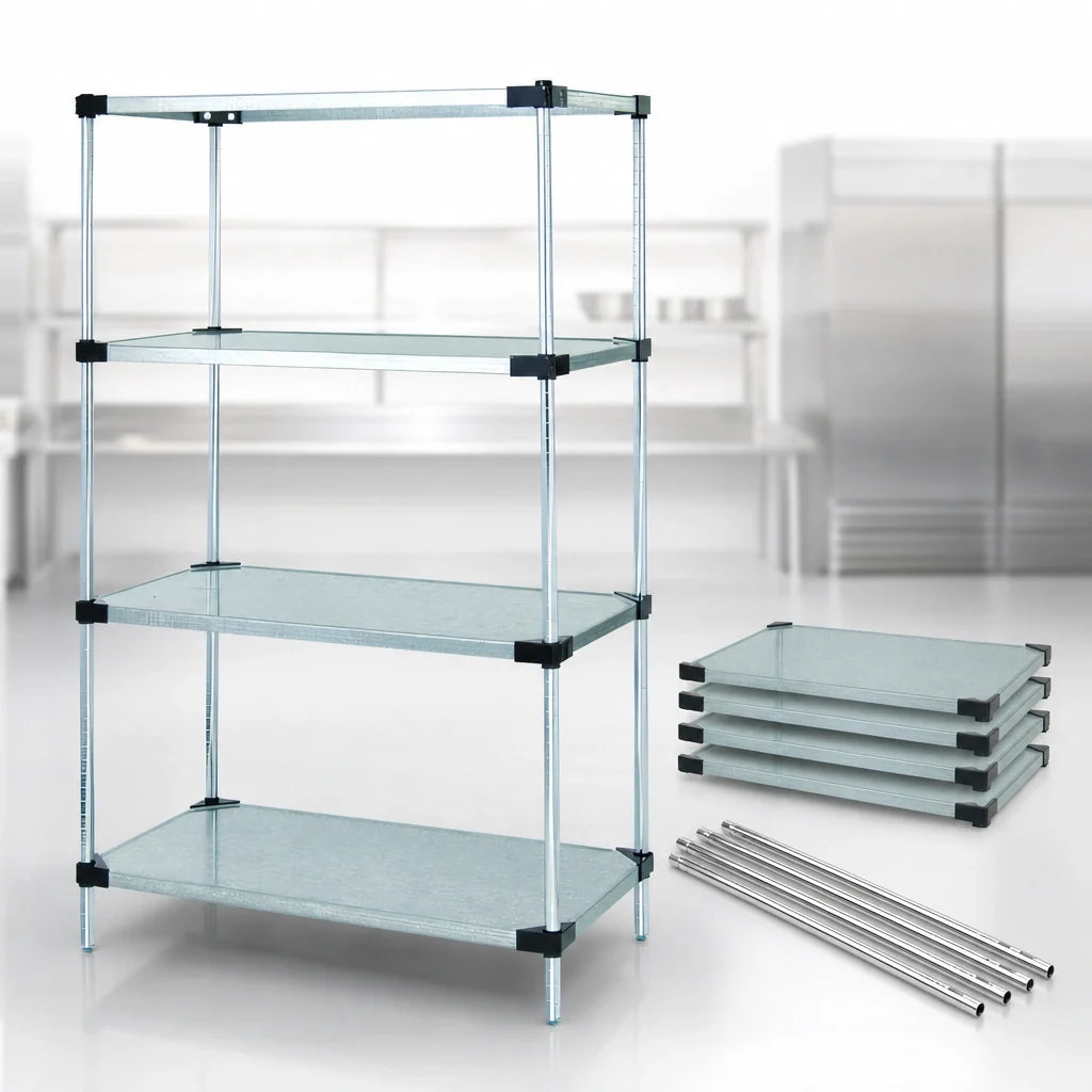 Quantum WR74-1872SG Stationary Solid Shelving Starter Unit, 72"W x 18"D x 74"H, 4 Shelves, Galvanized Steel, Chrome Posts